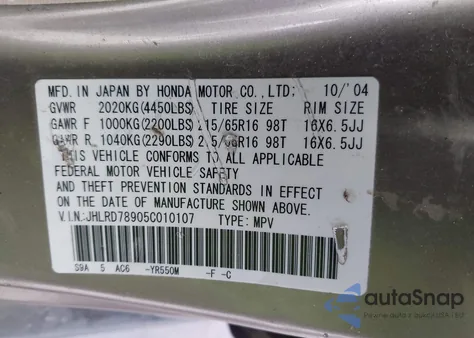 2005 Honda Cr-V Se z USA, uszkodzony, nr VIN JHLRD78905C010107